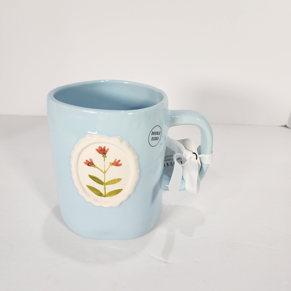 Rae Dunn Grateful For Every Little Thing Blue Ceramic Mug Floral Medallion NWT